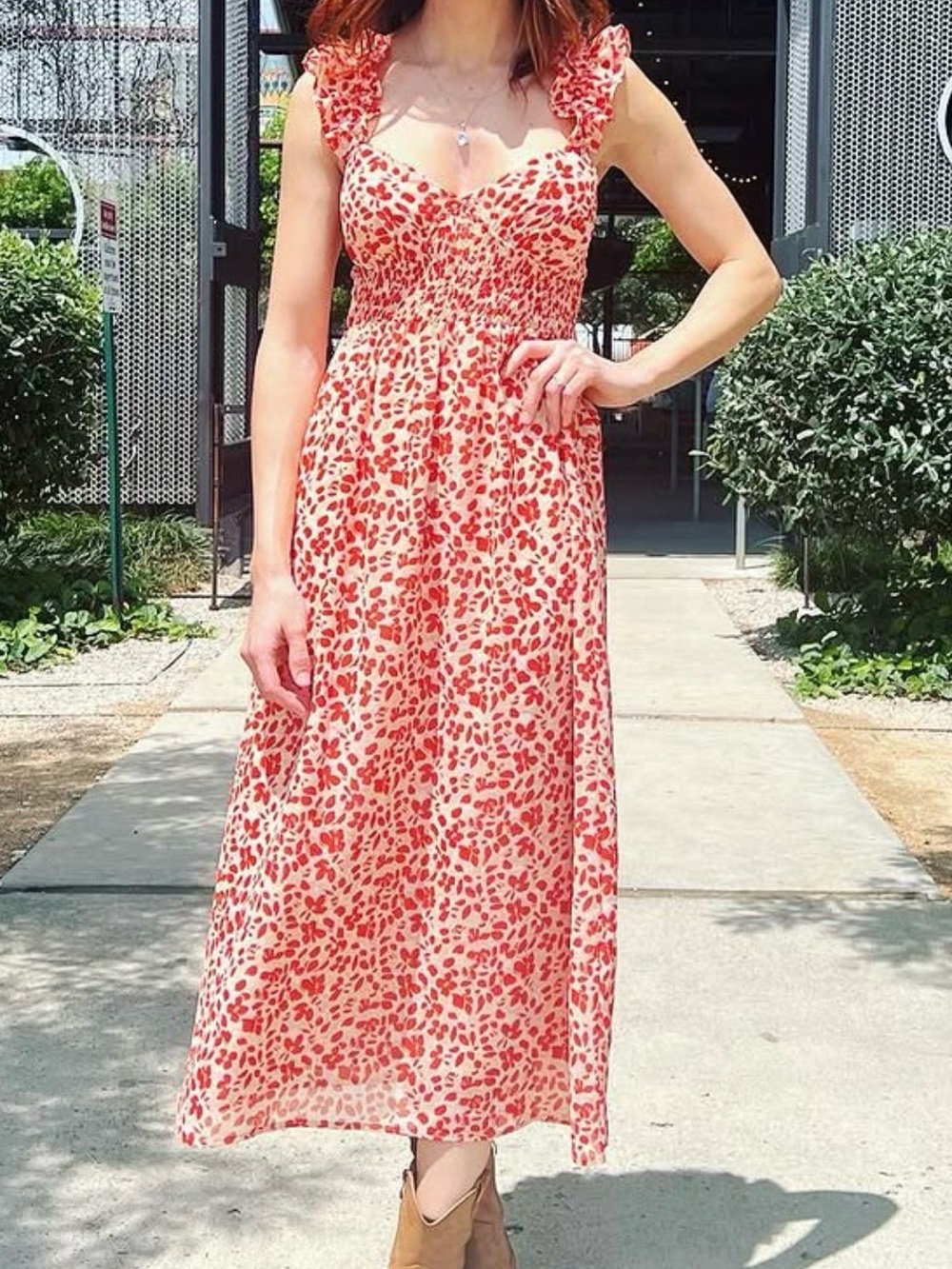 Lush Cream Maxi Dress with Coral Floral Print and Ruffle Straps